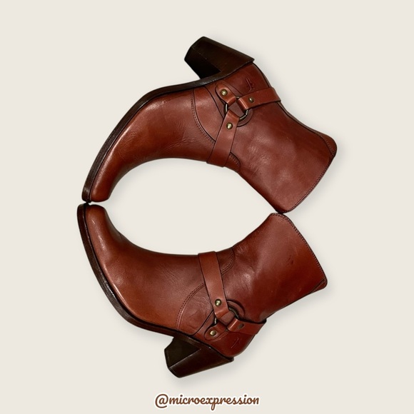$359 Frye Romy Harness Brown Cognac Real Leather Vintage Cowboy Short Ankle Boot - Picture 9 of 12